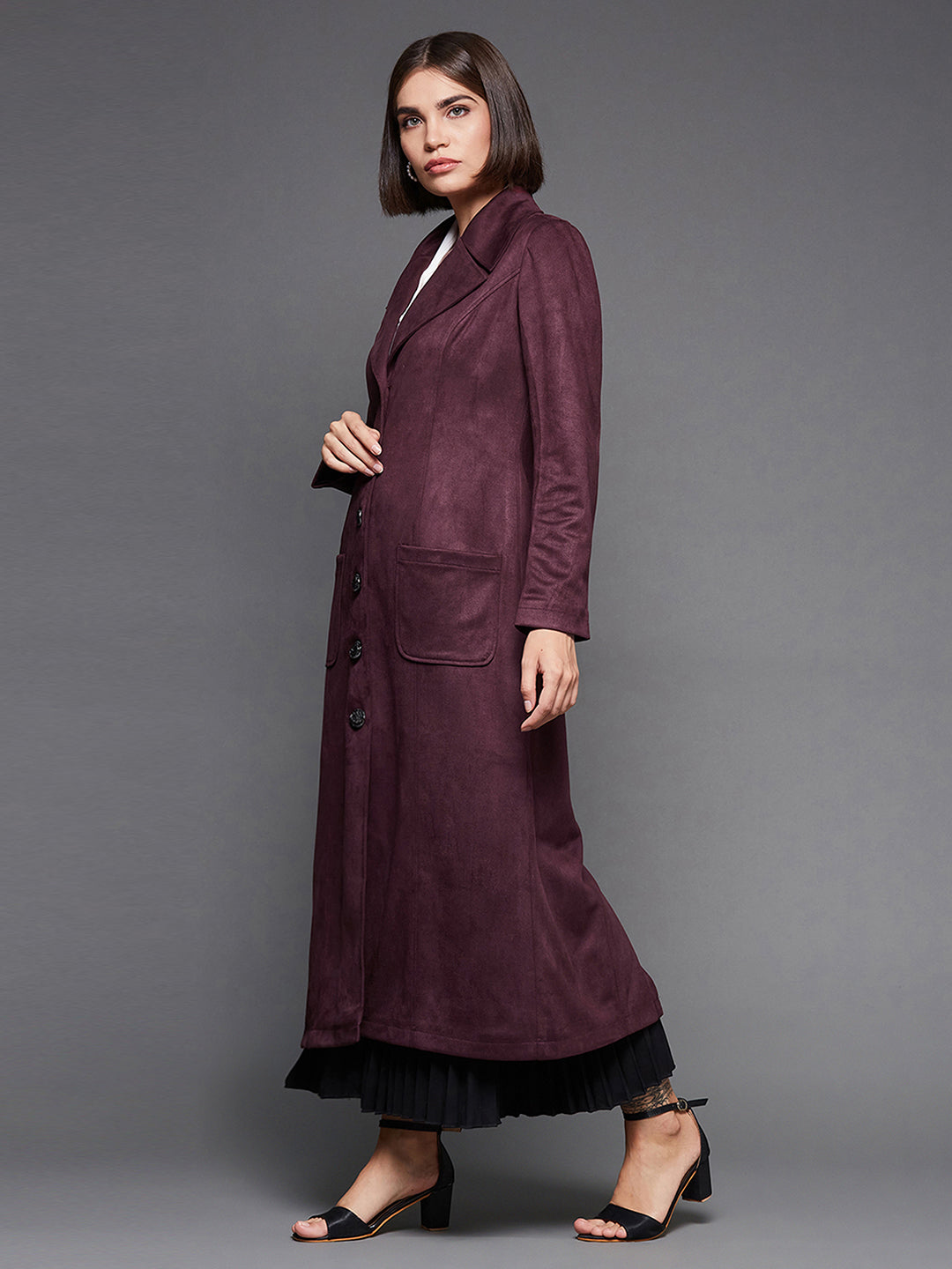 Women's Wine Solid V-Neck Full Sleeves Patched Pocketed Polyester Button Down Longline Winter Wear Blazer Jacket