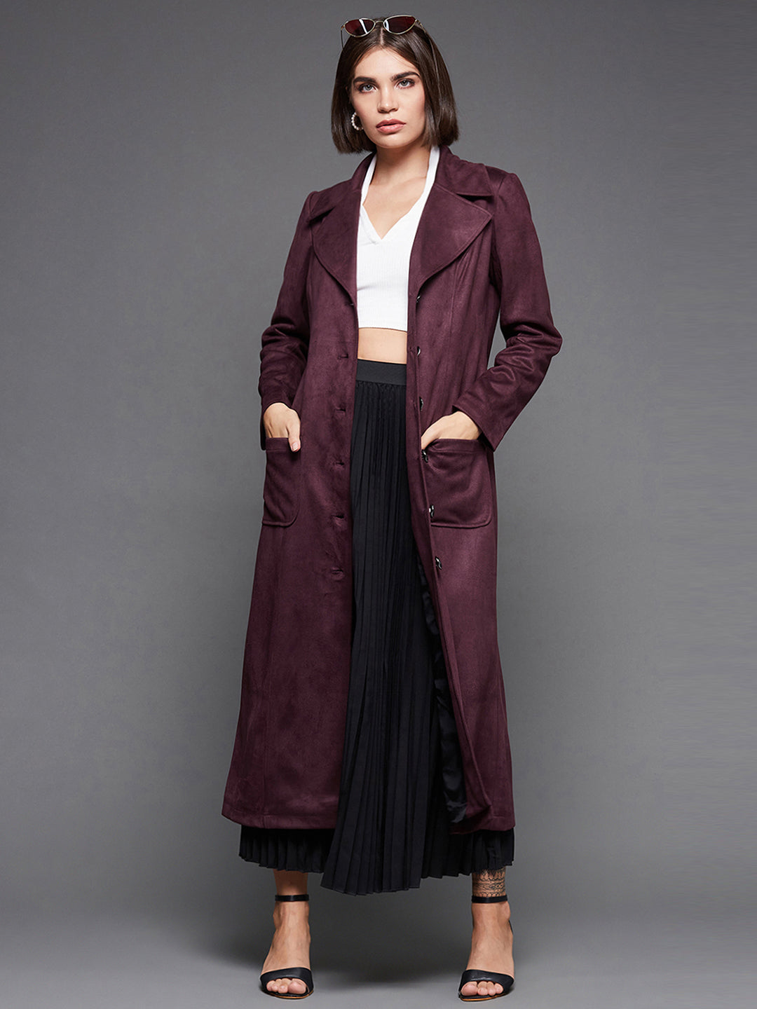Women's Wine Solid V-Neck Full Sleeves Patched Pocketed Polyester Button Down Longline Winter Wear Blazer Jacket