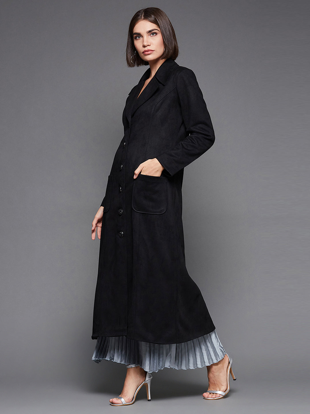 Women's Black Solid V-Neck Full Sleeves Winter Patched Pocketed Polyester Button Down Longline Winter Wear Blazer Jacket