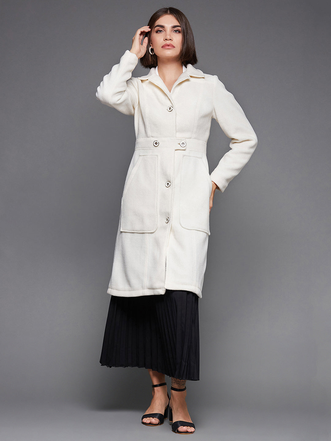 Off White Collar Full Sleeves Pocketed Longline Winter Wear Blazer Jacket