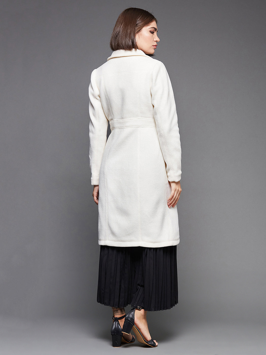 Off White Collar Full Sleeves Pocketed Longline Winter Wear Blazer Jacket