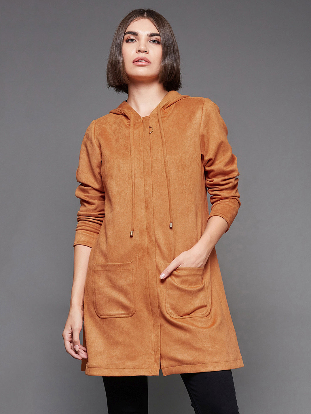 Women's Burnt Orange Solid Hooded Neck Full Sleeves Casual Winter Wear Polyester High Low Longline Jacket