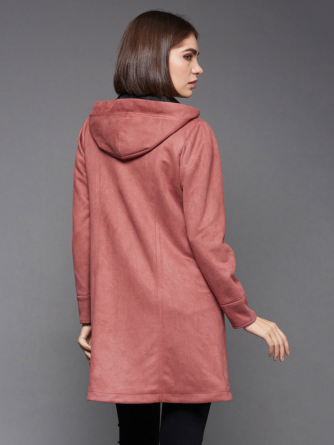 Women's Dark Peach Solid Hooded Neck Full Sleeves Casual Winter Wear Polyester High Low Longline Jacket