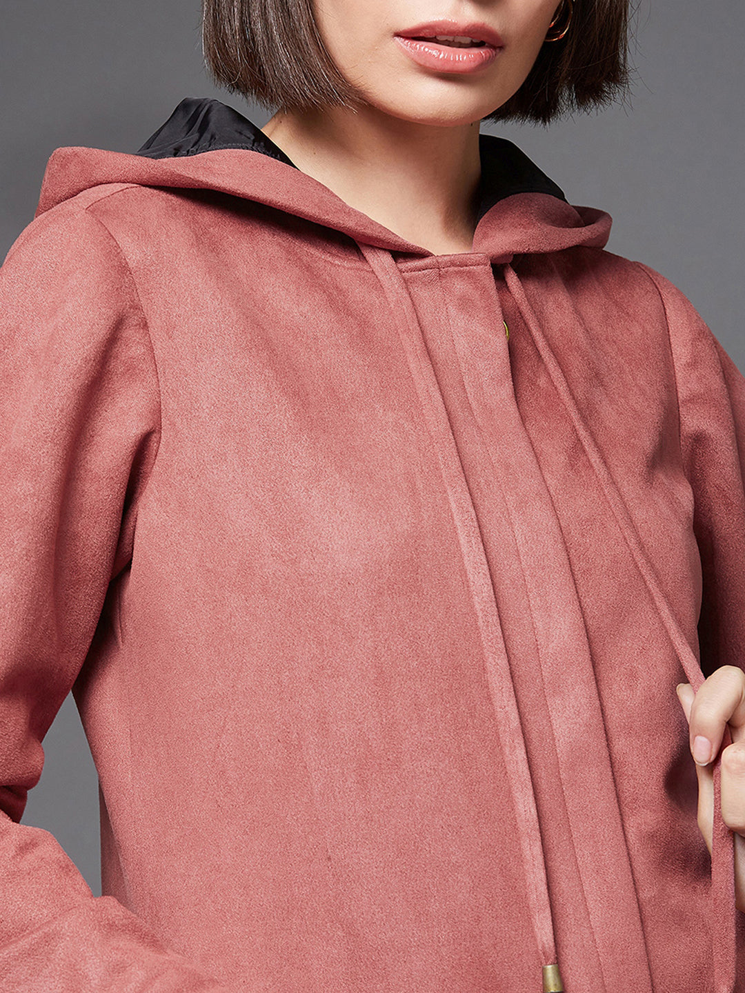 Women's Dark Peach Solid Hooded Neck Full Sleeves Casual Winter Wear Polyester High Low Longline Jacket