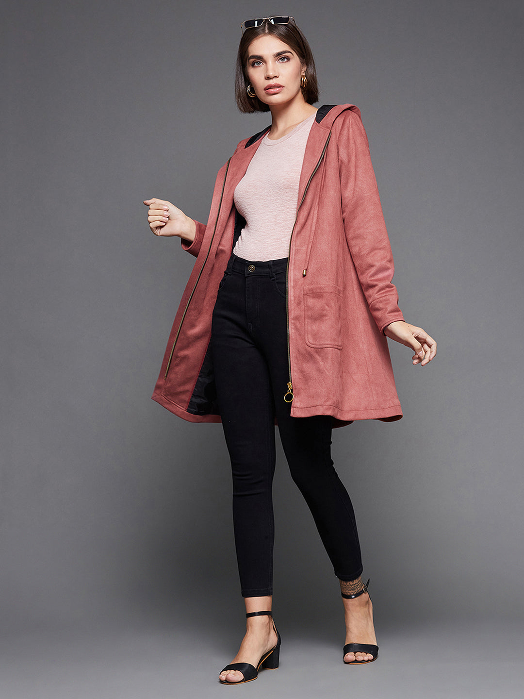 Women's Dark Peach Solid Hooded Neck Full Sleeves Casual Winter Wear Polyester High Low Longline Jacket
