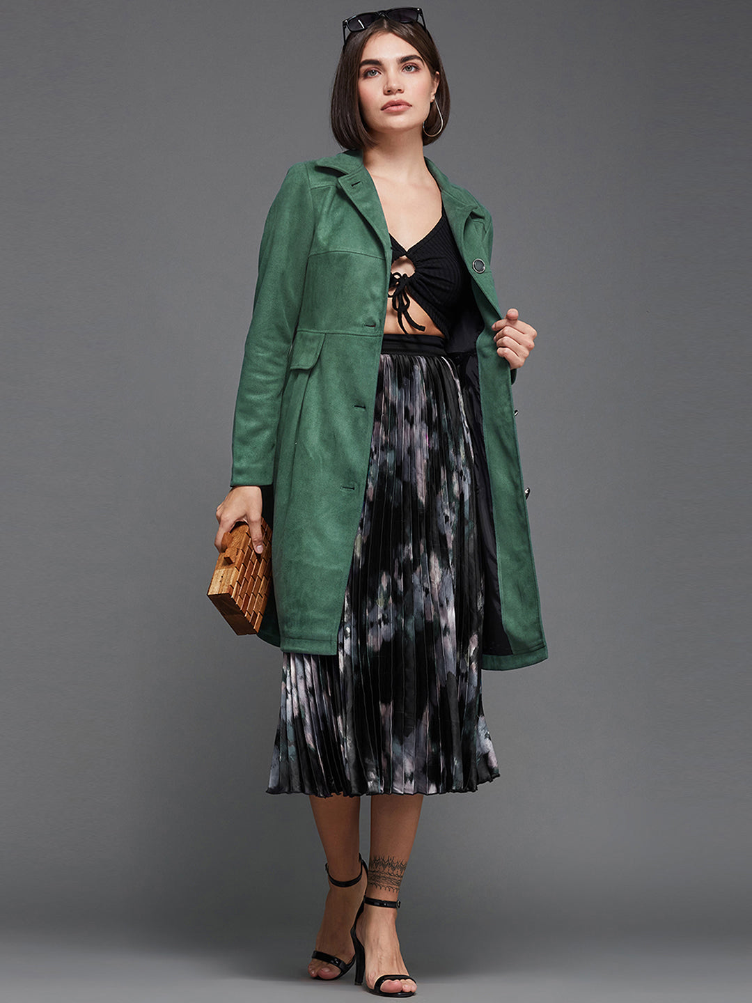 Women's Dark Sage Shirt Collar Full-Sleeve Solid Knee-Long Polyester Jacket