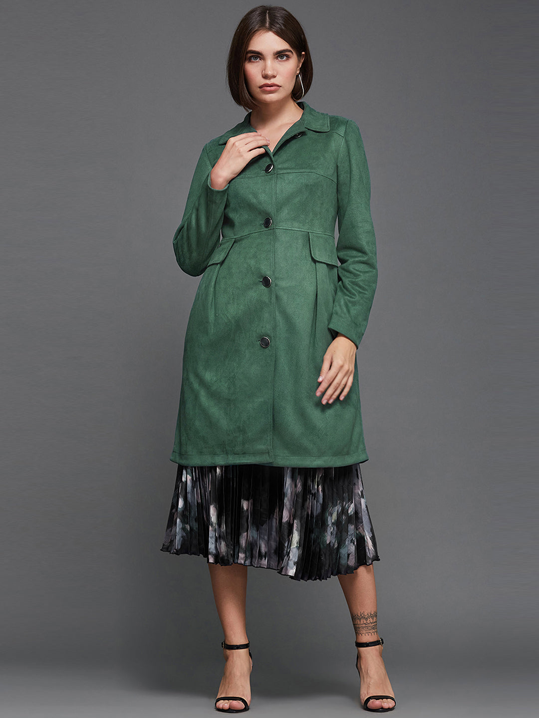 Women's Dark Sage Shirt Collar Full-Sleeve Solid Knee-Long Polyester Jacket