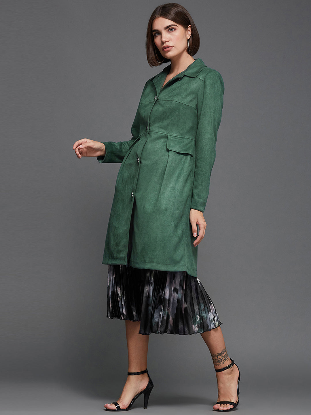 Women's Dark Sage Shirt Collar Full-Sleeve Solid Knee-Long Polyester Jacket