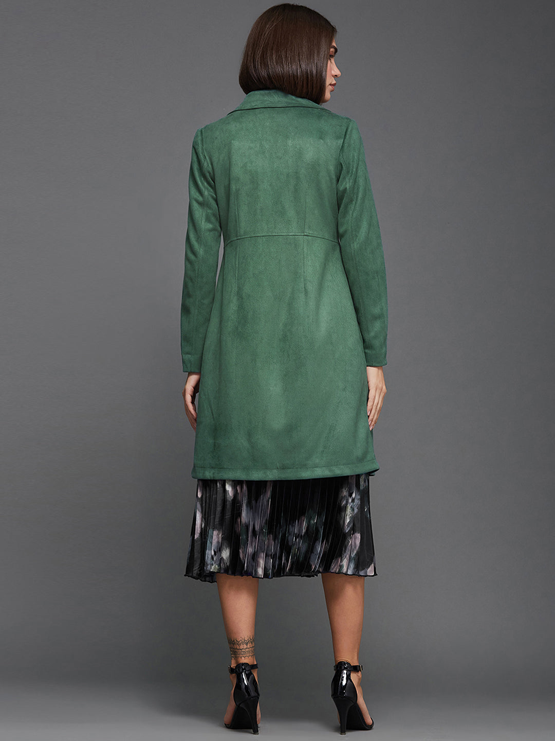 Women's Dark Sage Shirt Collar Full-Sleeve Solid Knee-Long Polyester Jacket