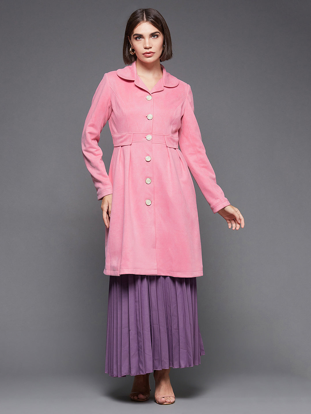 Women's Light Pink Notch Full-Sleeve Solid Longline Flared Knee-Long Polyester Jacket