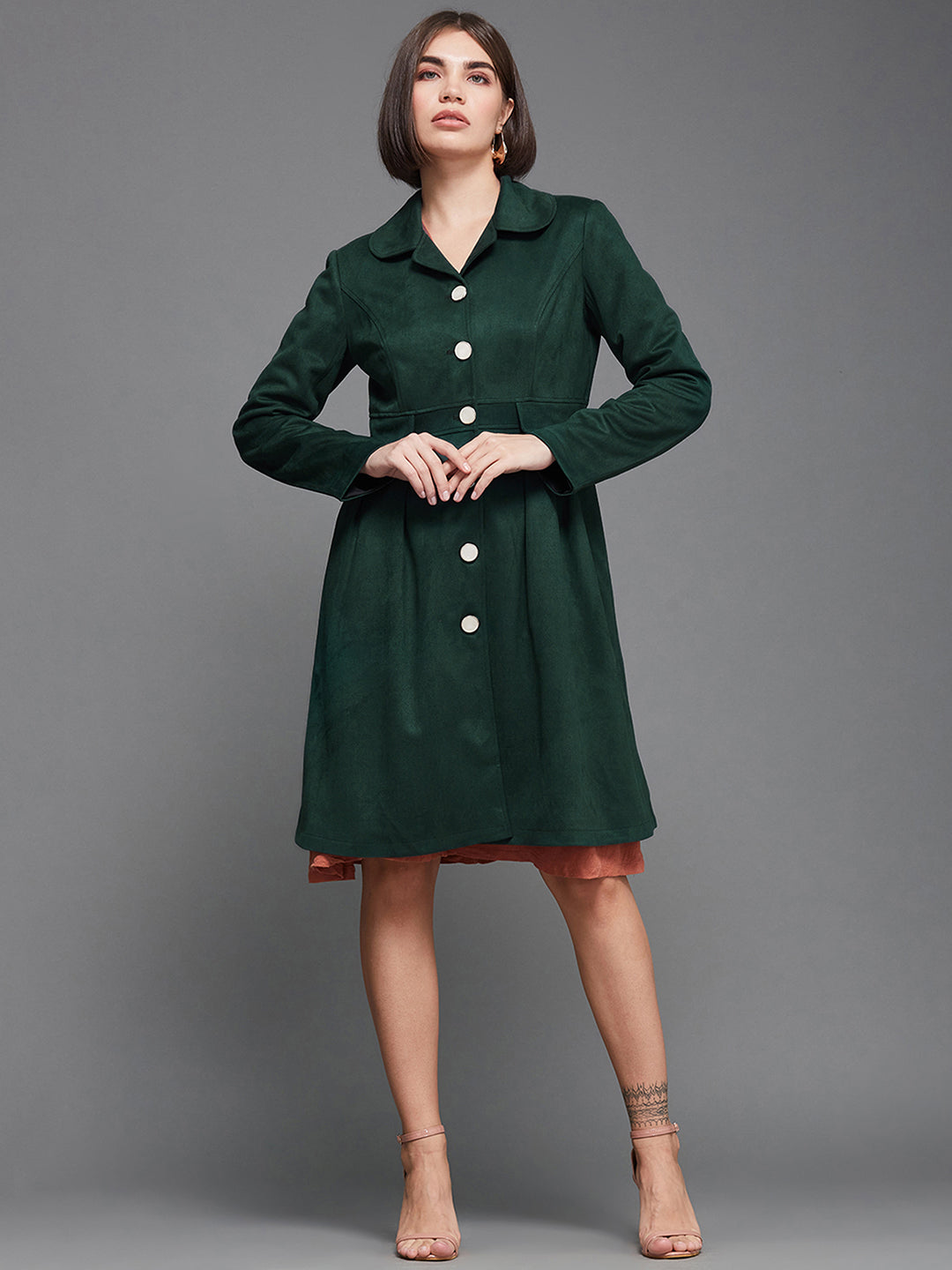 Women's Dark Green Notch Full-Sleeve Solid Longline Flared Knee-Long Polyester Jacket