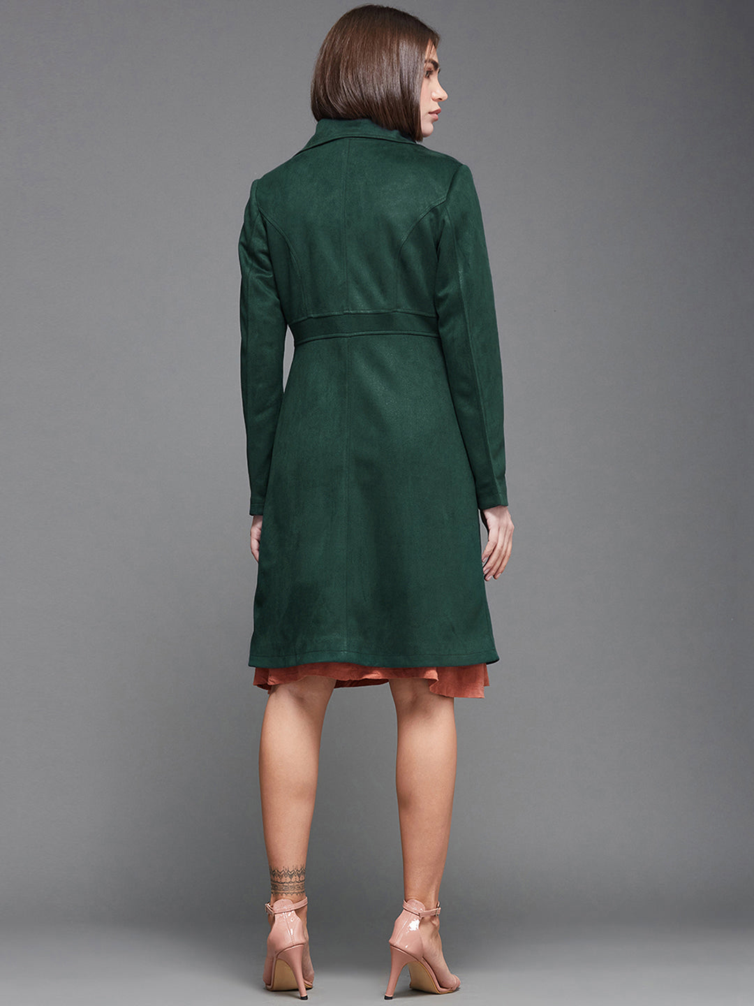 Women's Dark Green Notch Full-Sleeve Solid Longline Flared Knee-Long Polyester Jacket