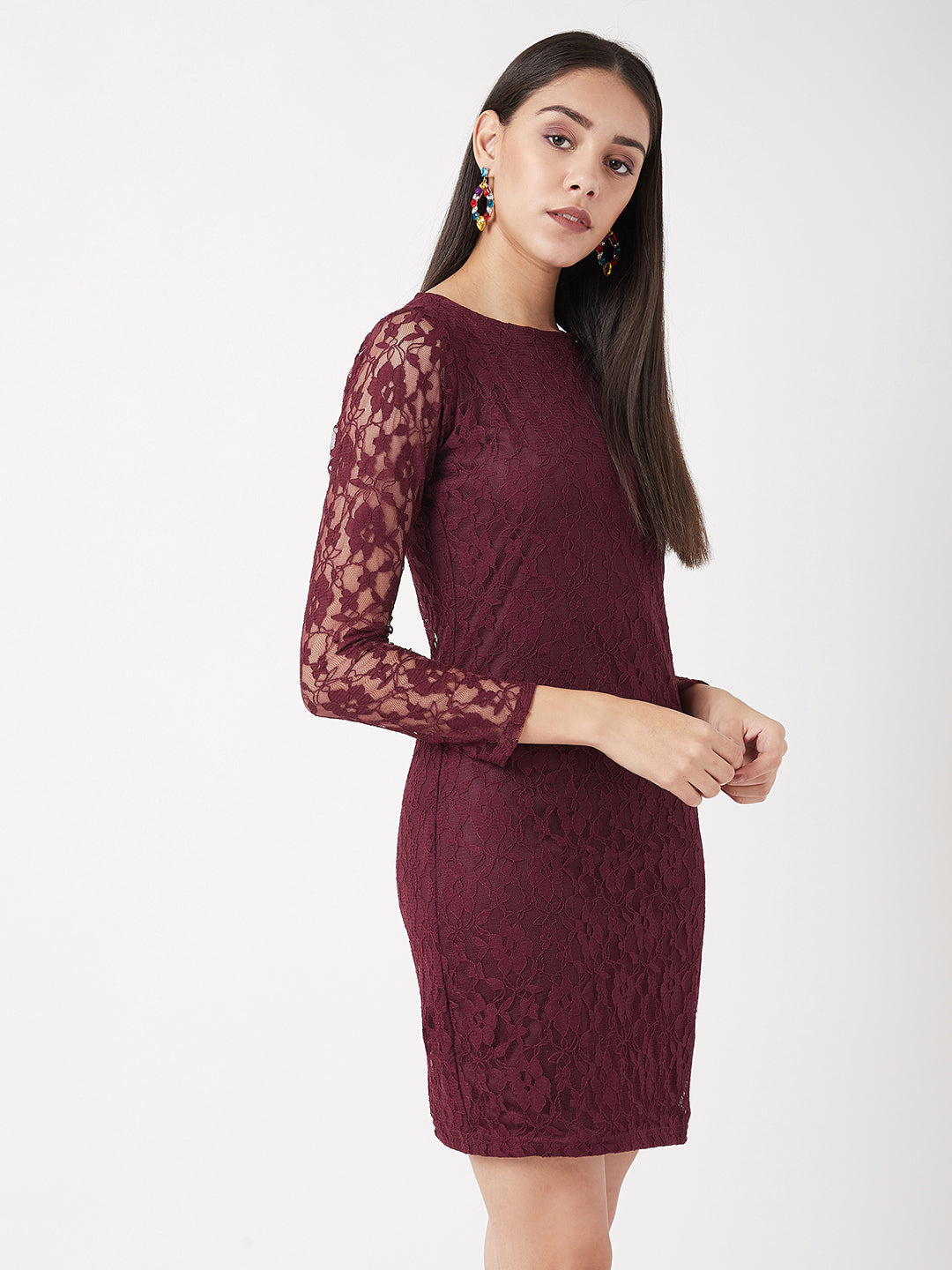 Women's Maroon Round Neck Full Sleeves Bodycon Dress