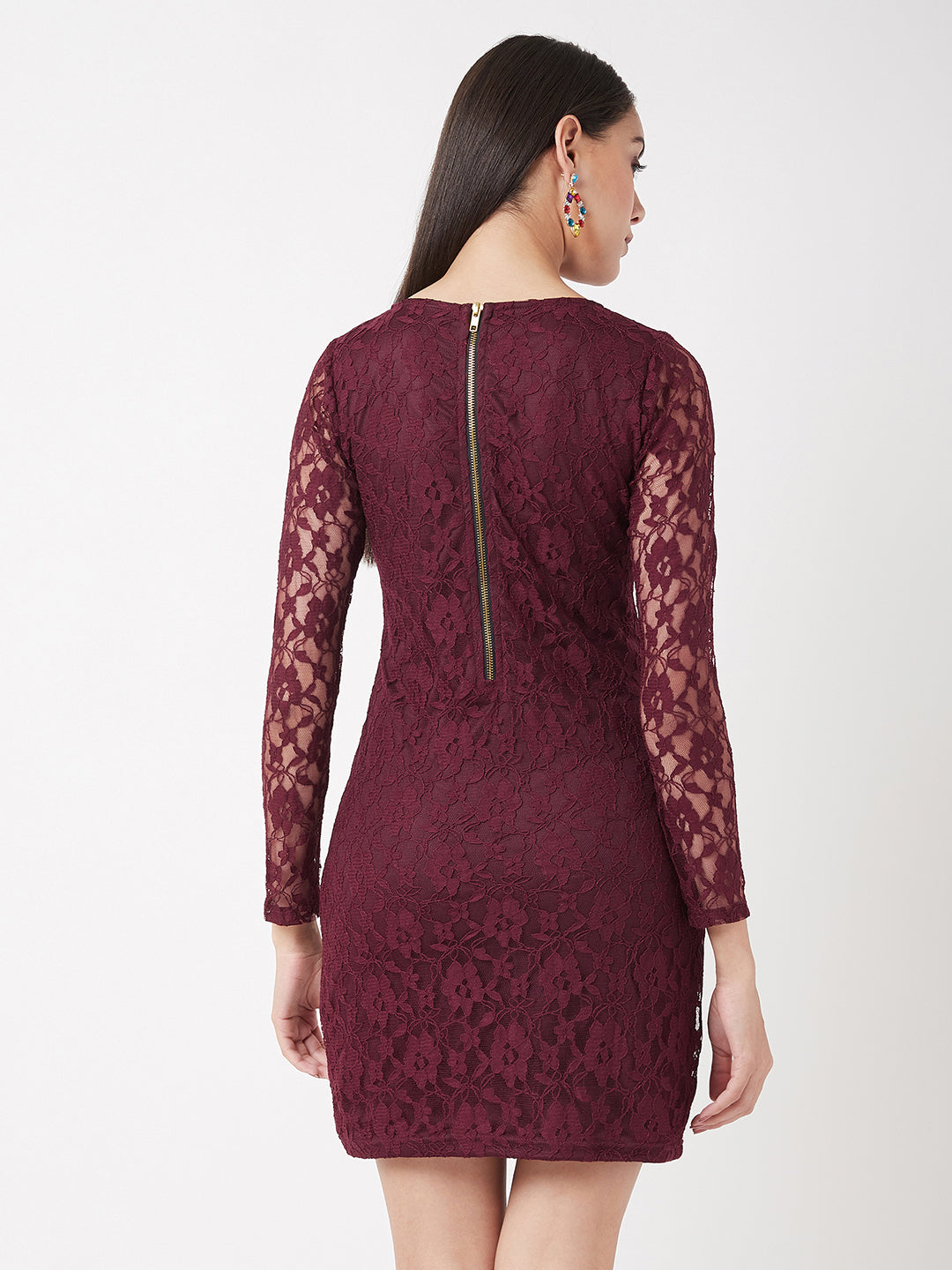 Women's Maroon Round Neck Full Sleeves Bodycon Dress