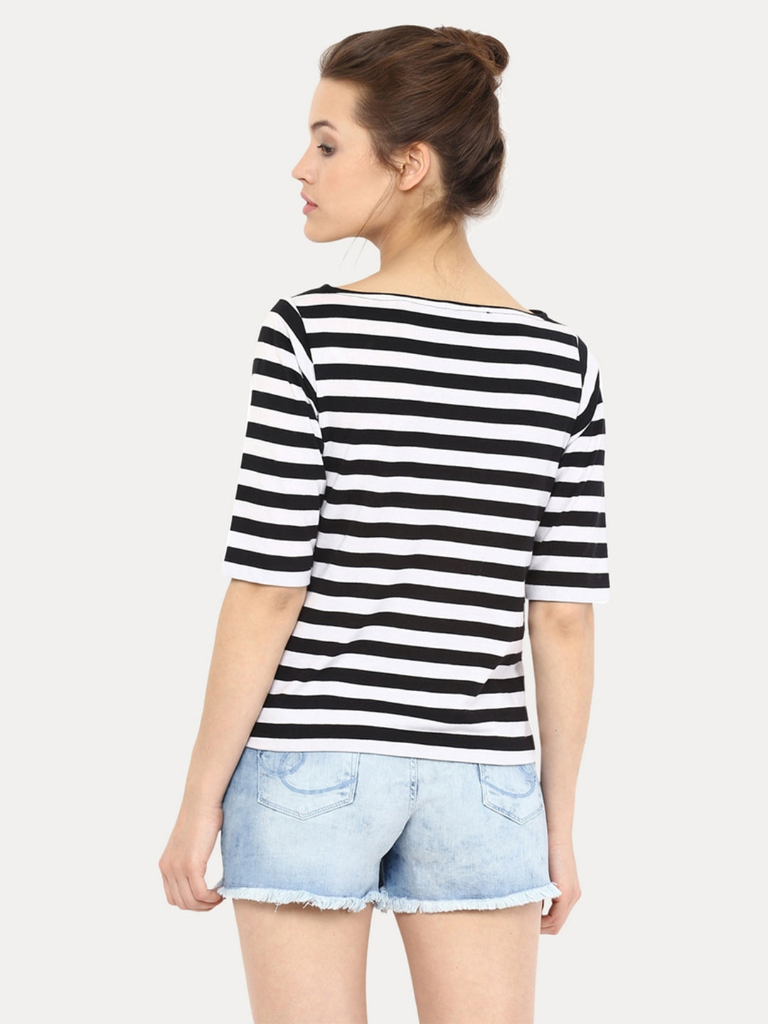 Women's Black and White Boat Neck Half Sleeves Solid Striped Top