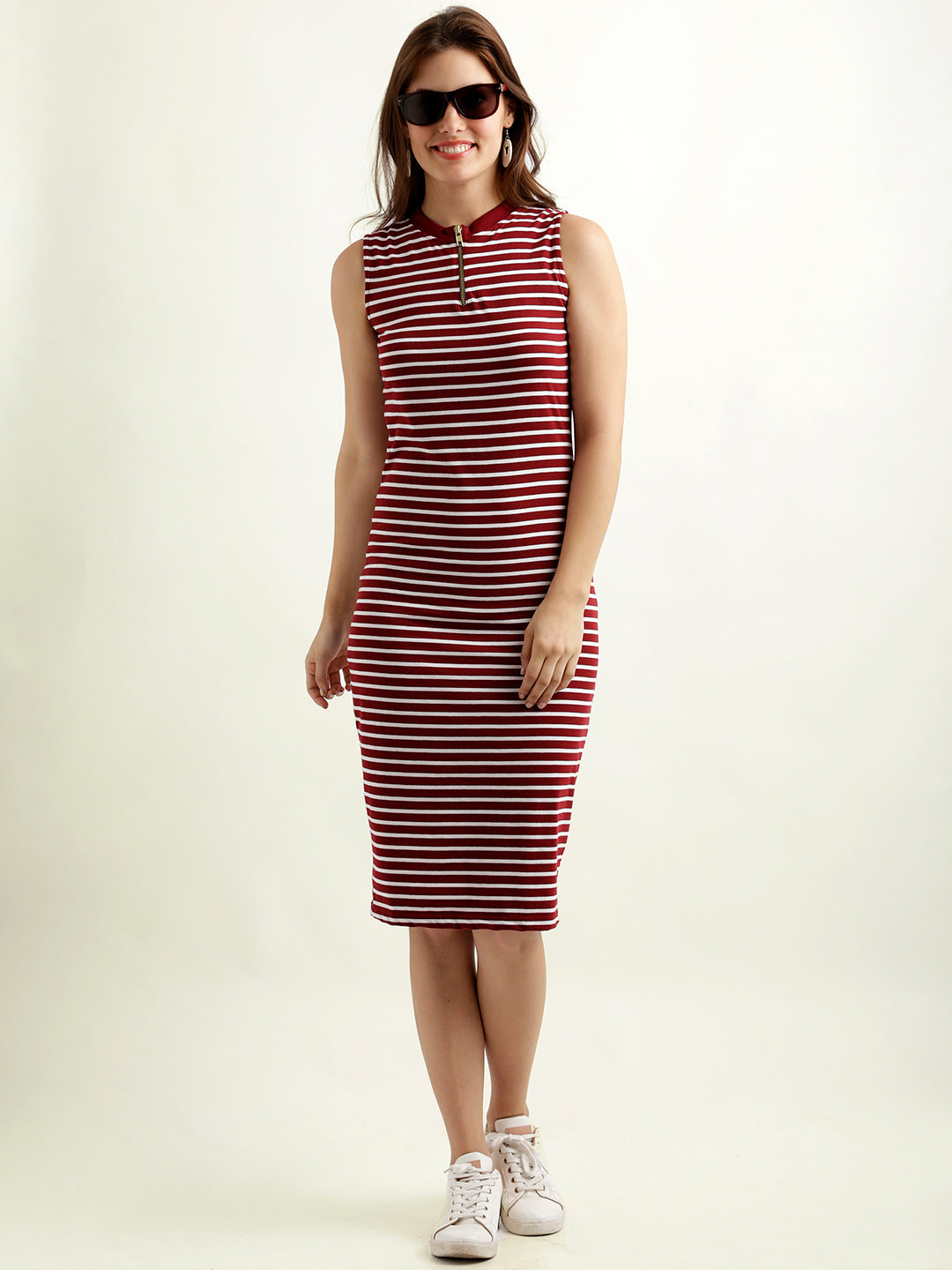Women's Maroon and White Round Neck Sleeveless Striped Bodycon Dress