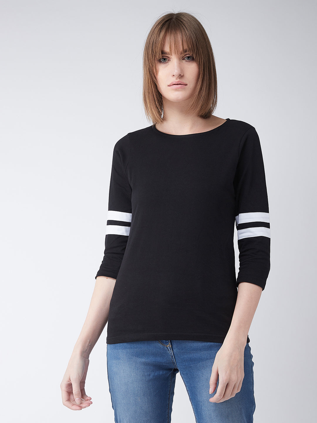 Women's Black Round Neck 3/4 Sleeves Solid Basic Top