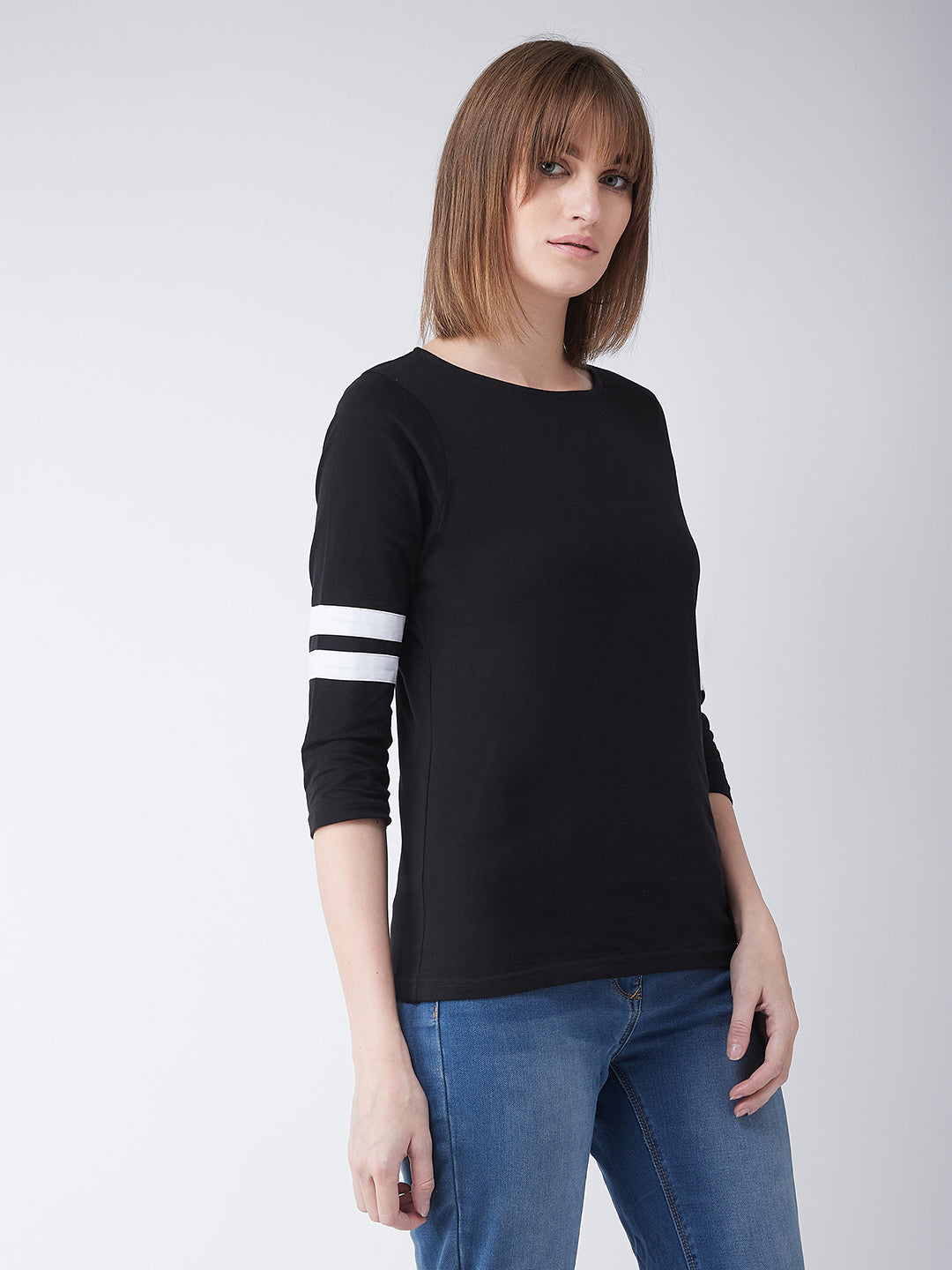 Women's Black Round Neck 3/4 Sleeves Solid Basic Top