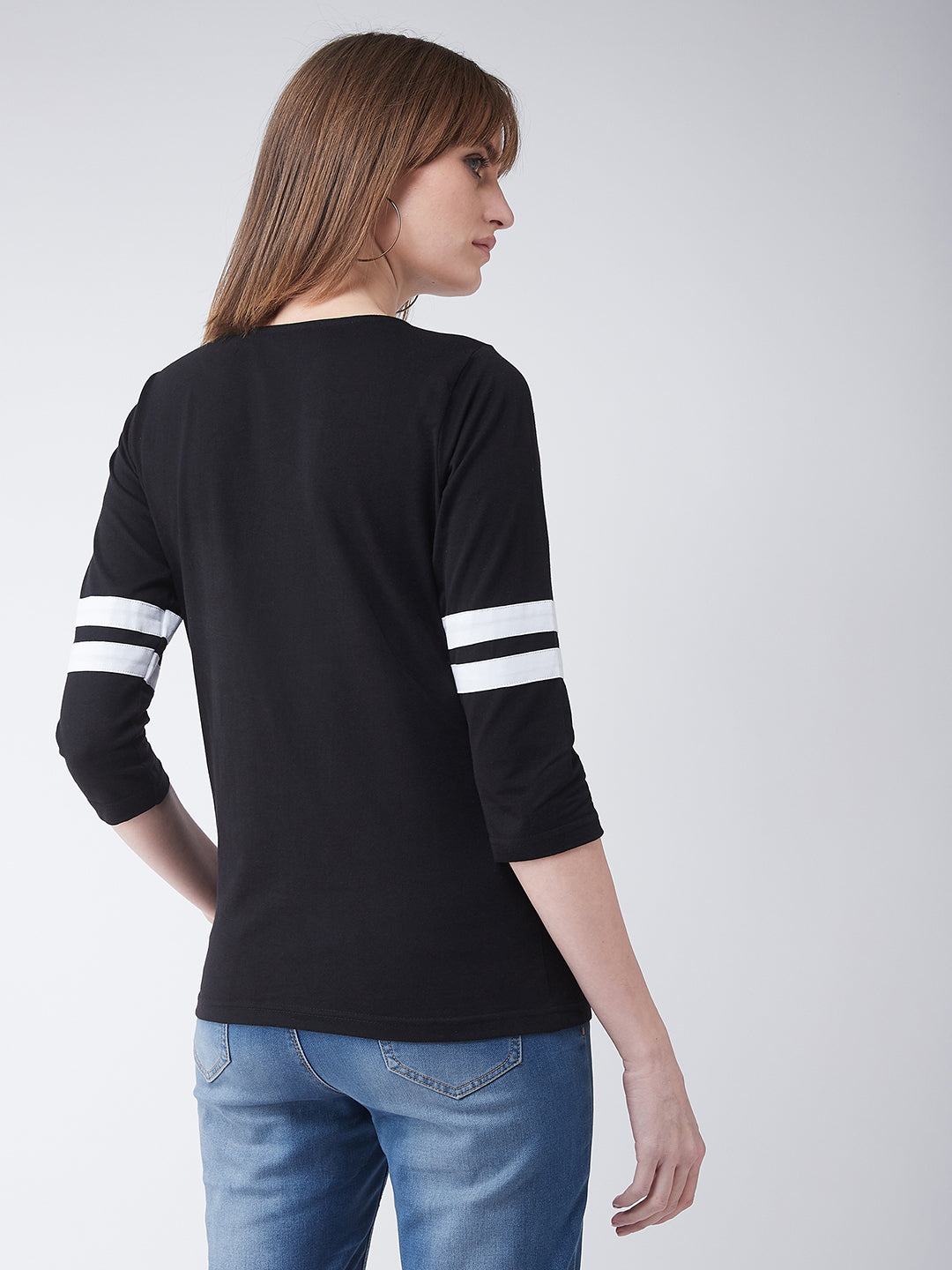 Women's Black Round Neck 3/4 Sleeves Solid Basic Top