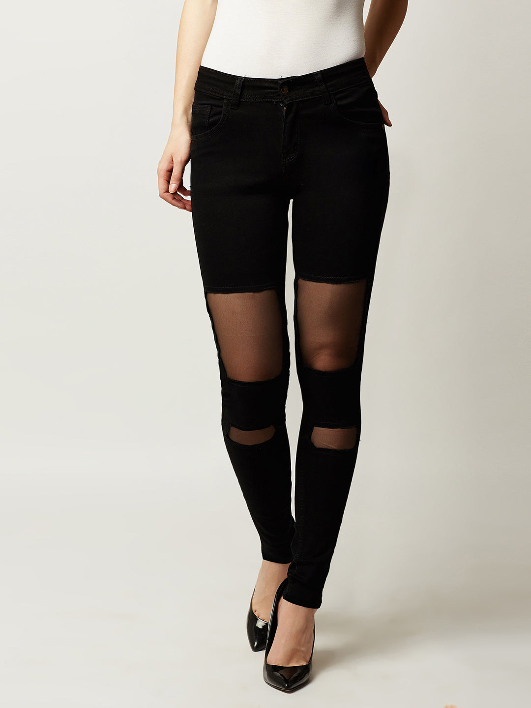 Women's Black Slim-Fit High-Rise Mild Distressed Ripped Net Detailing Stretchable Denim Jeans