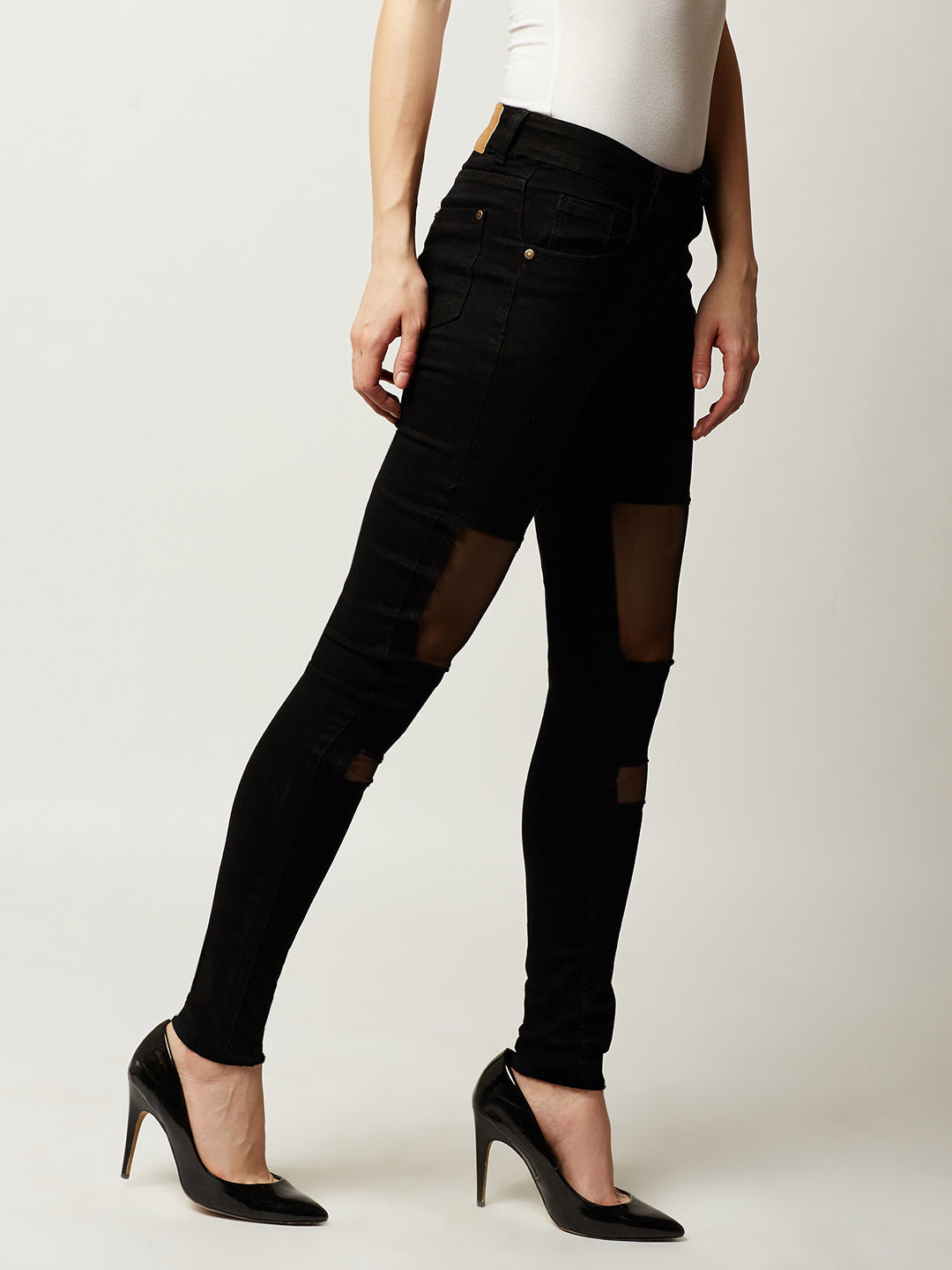 Women's Black Slim-Fit High-Rise Mild Distressed Ripped Net Detailing Stretchable Denim Jeans