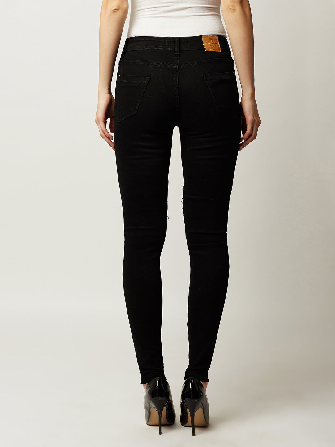 Women's Black Slim-Fit High-Rise Mild Distressed Ripped Net Detailing Stretchable Denim Jeans