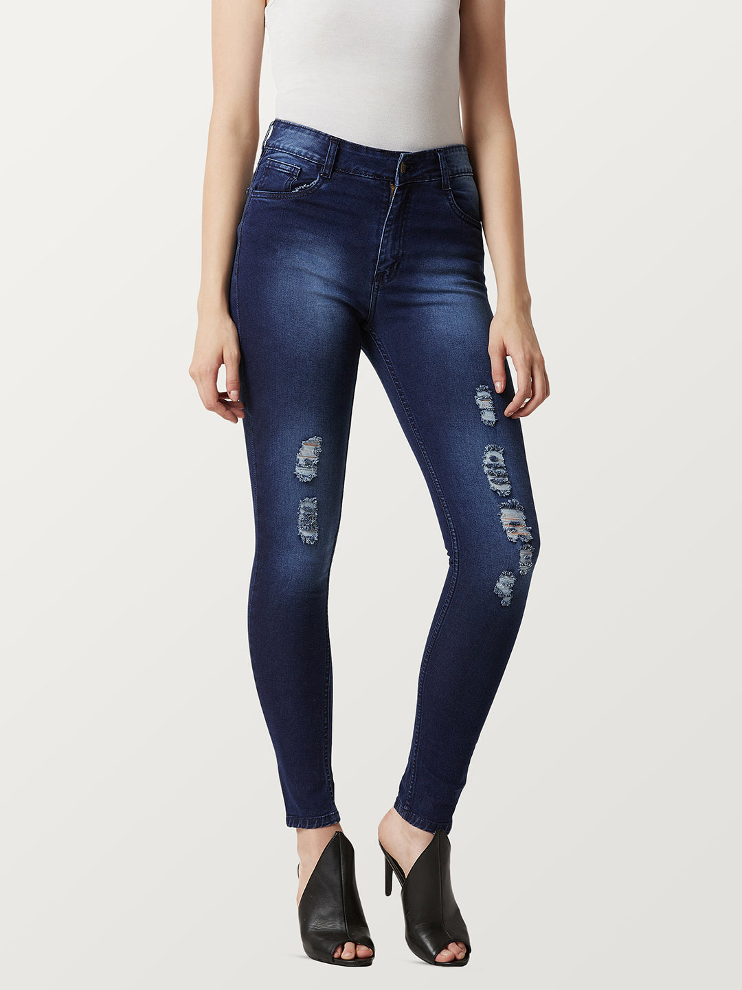 Women's Blue Skinny-Fit Mid-Rise Midly-Distressed Ripped Denim Jeans