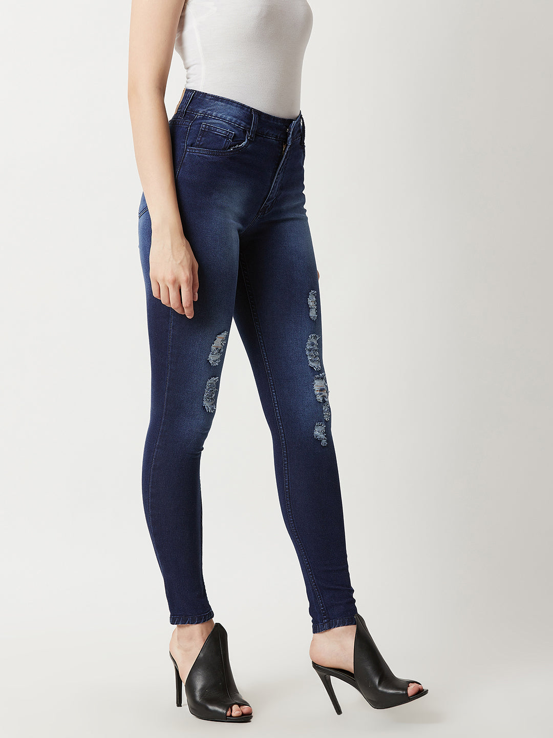 Women's Blue Skinny-Fit Mid-Rise Midly-Distressed Ripped Denim Jeans