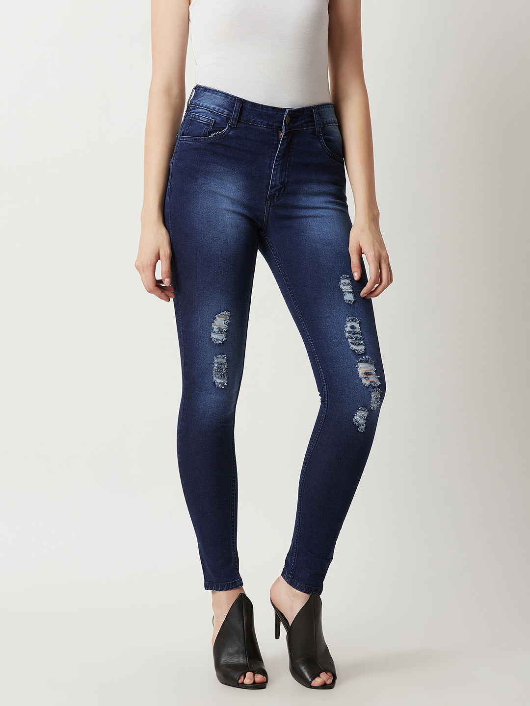 Women's Blue Skinny-Fit Mid-Rise Midly-Distressed Ripped Denim Jeans