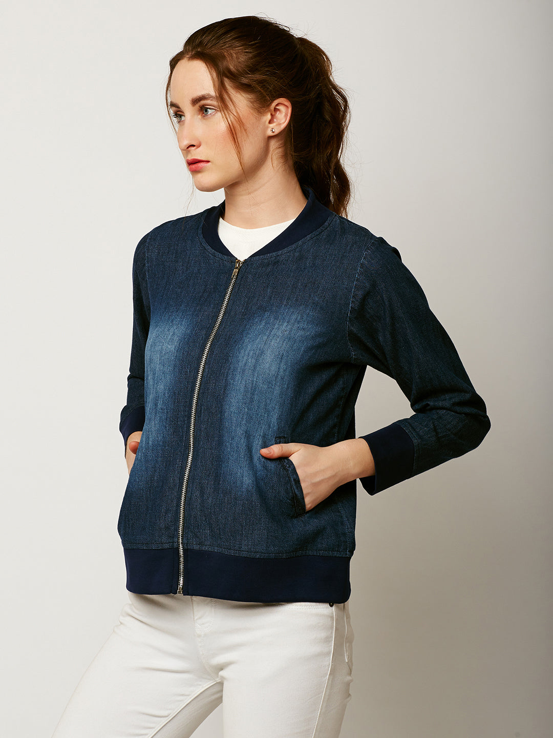 Women's Navy Blue V-Neck Full Sleeve Solid Denim Bomber Jacket