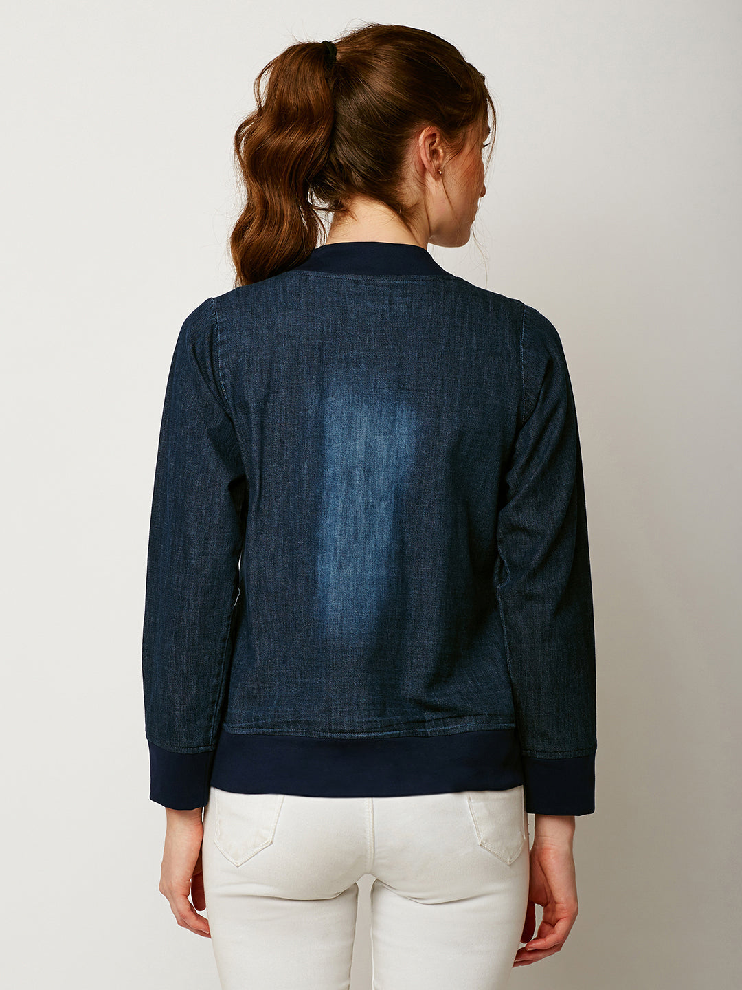 Women's Navy Blue V-Neck Full Sleeve Solid Denim Bomber Jacket