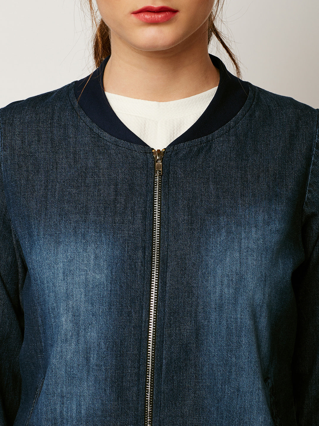 Women's Navy Blue V-Neck Full Sleeve Solid Denim Bomber Jacket