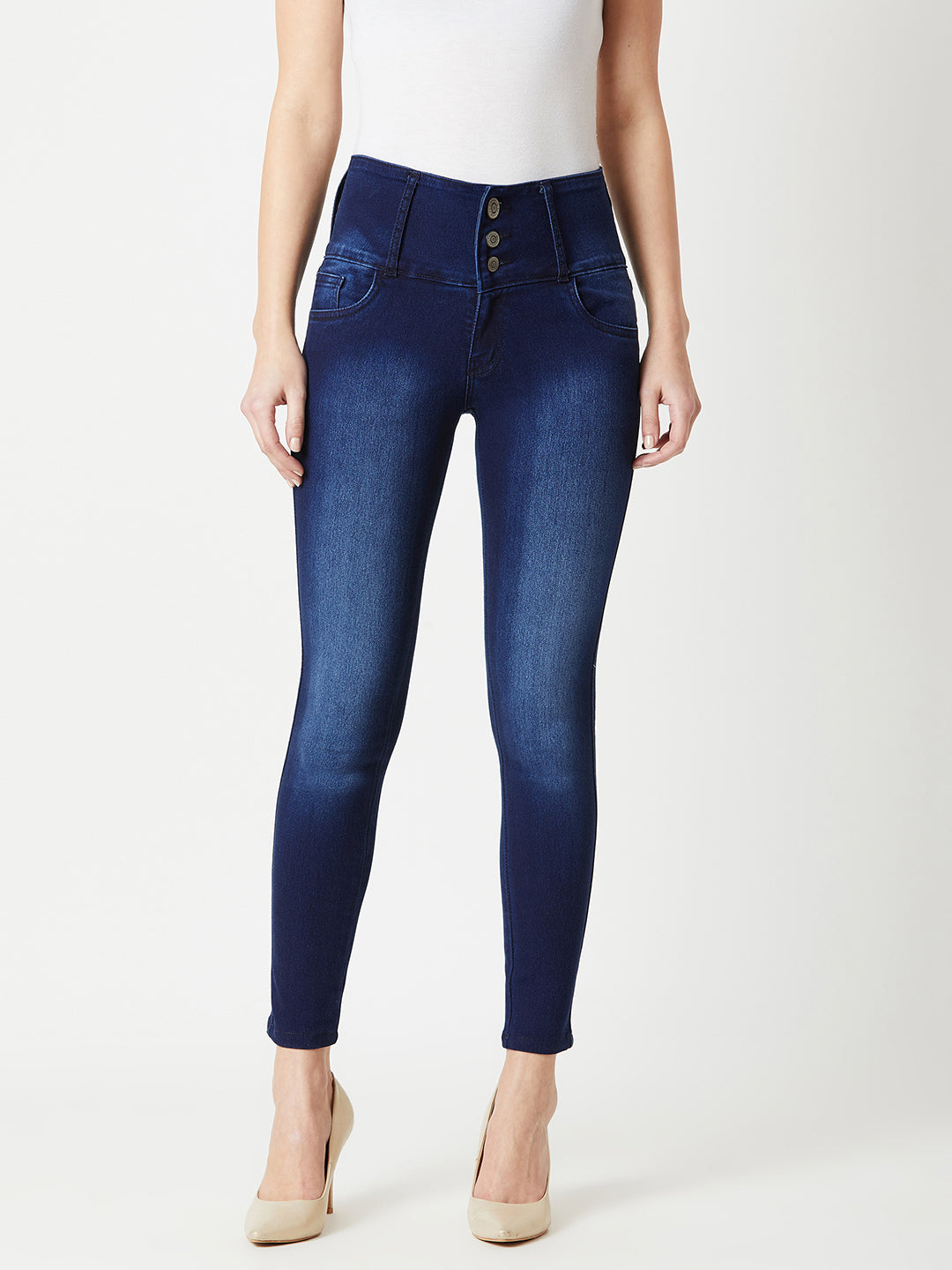 Women's Navy-Blue Skinny-Fit High-Rise Clean-Look Cropped-Length Stretchable High-Rise Denim Jeans