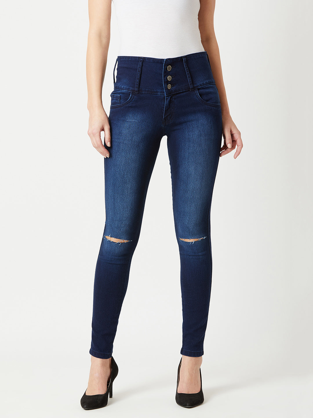 Women's Navy-Blue Skinny-Fit High-Rise Double Knee-Slit Stretchable High-Rise Denim Jeans