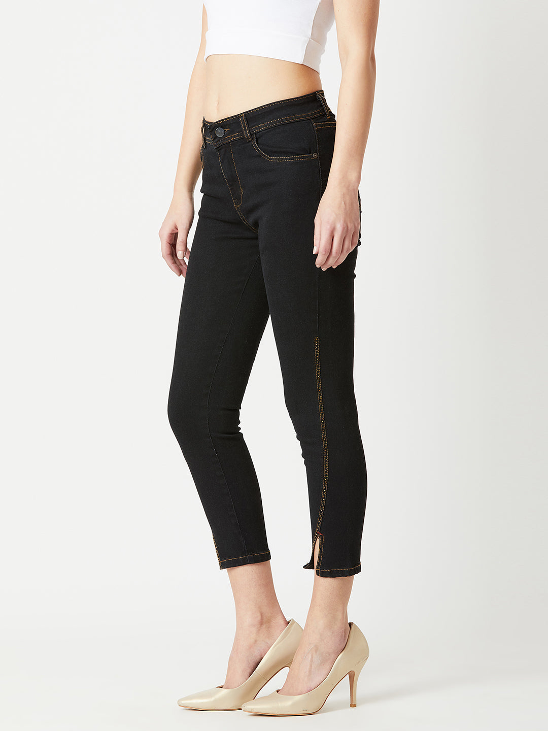 Women's Black Embellished Skinny High-Rise Side-Slit Solid Cropped-Length Stretchable Denim Jeans