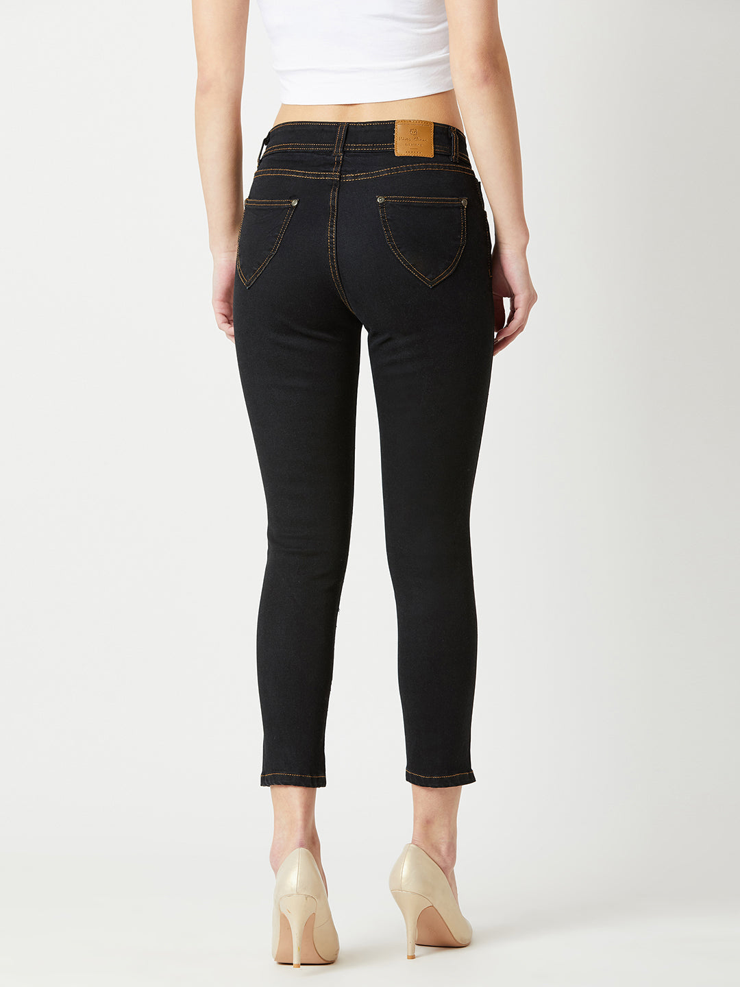 Women's Black Embellished Skinny High-Rise Side-Slit Solid Cropped-Length Stretchable Denim Jeans