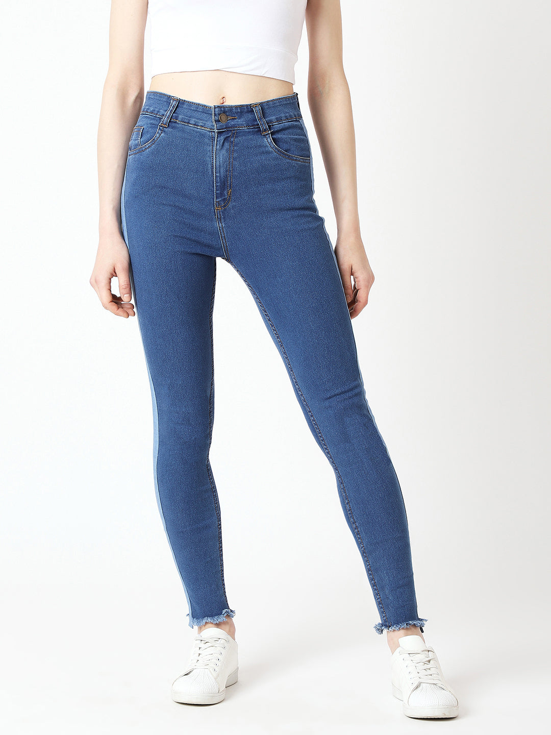 Women's Blue Skinny High-Rise Clean-Look Fringe And Silky Denim Tape Detailing Cropped Denim Jeans