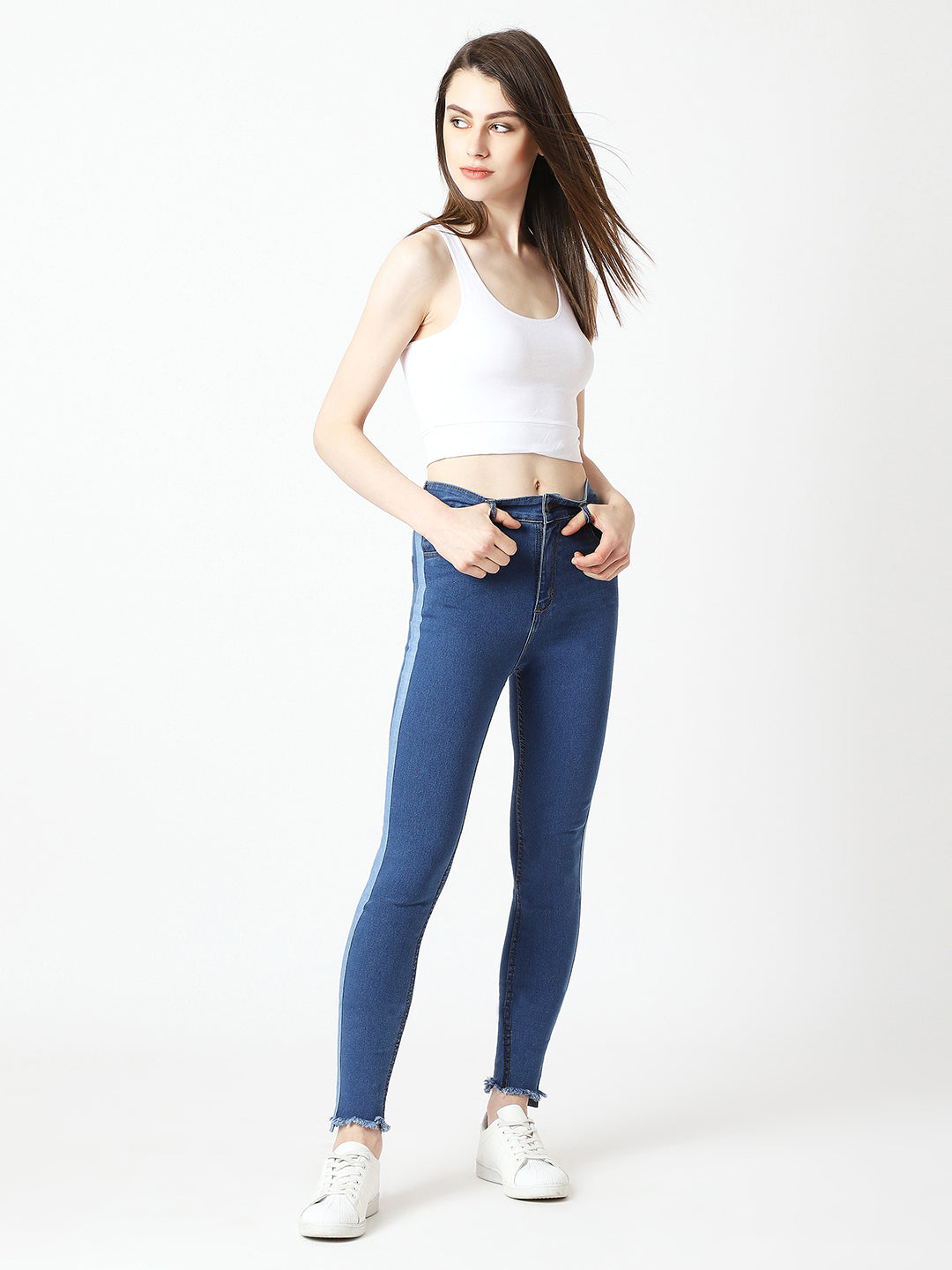 Women's Blue Skinny High-Rise Clean-Look Fringe And Silky Denim Tape Detailing Cropped Denim Jeans