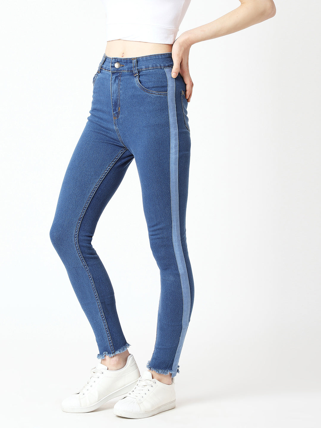 Women's Blue Skinny High-Rise Clean-Look Fringe And Silky Denim Tape Detailing Cropped Denim Jeans