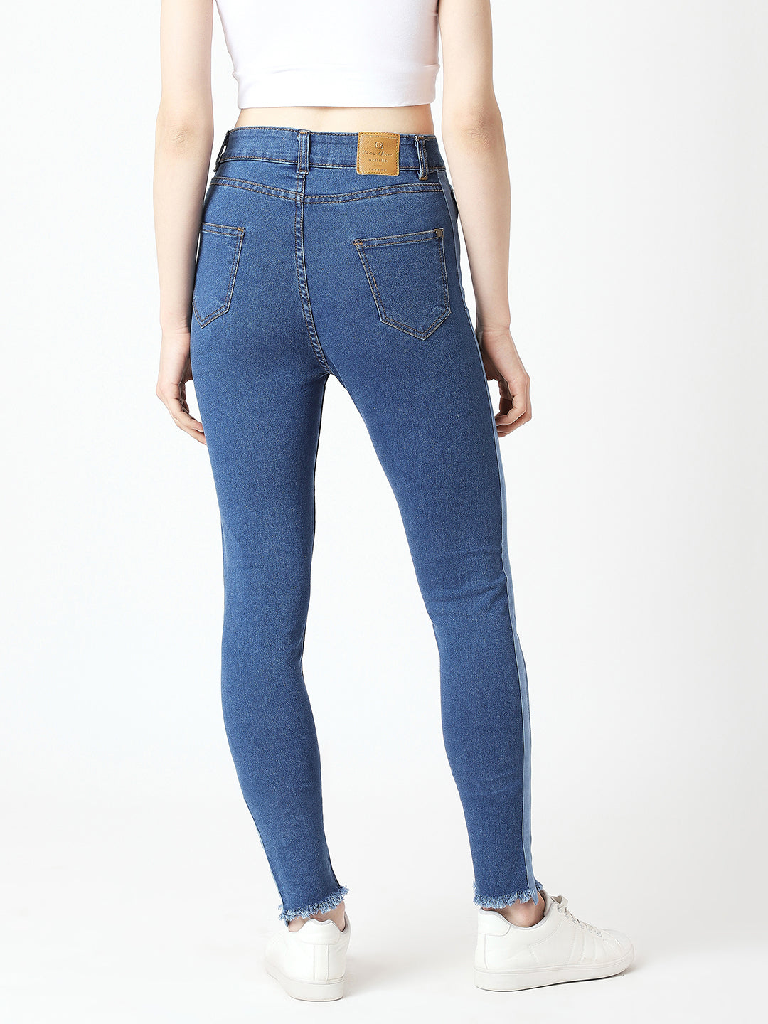 Women's Blue Skinny High-Rise Clean-Look Fringe And Silky Denim Tape Detailing Cropped Denim Jeans