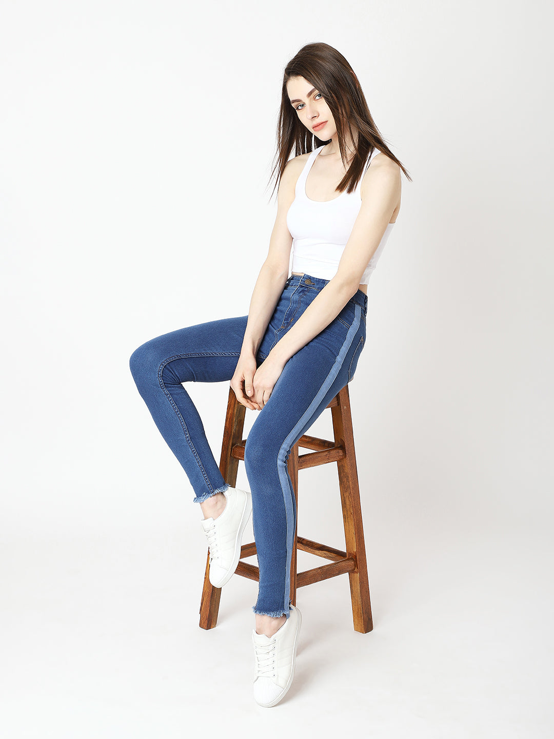 Women's Blue Skinny High-Rise Clean-Look Fringe And Silky Denim Tape Detailing Cropped Denim Jeans