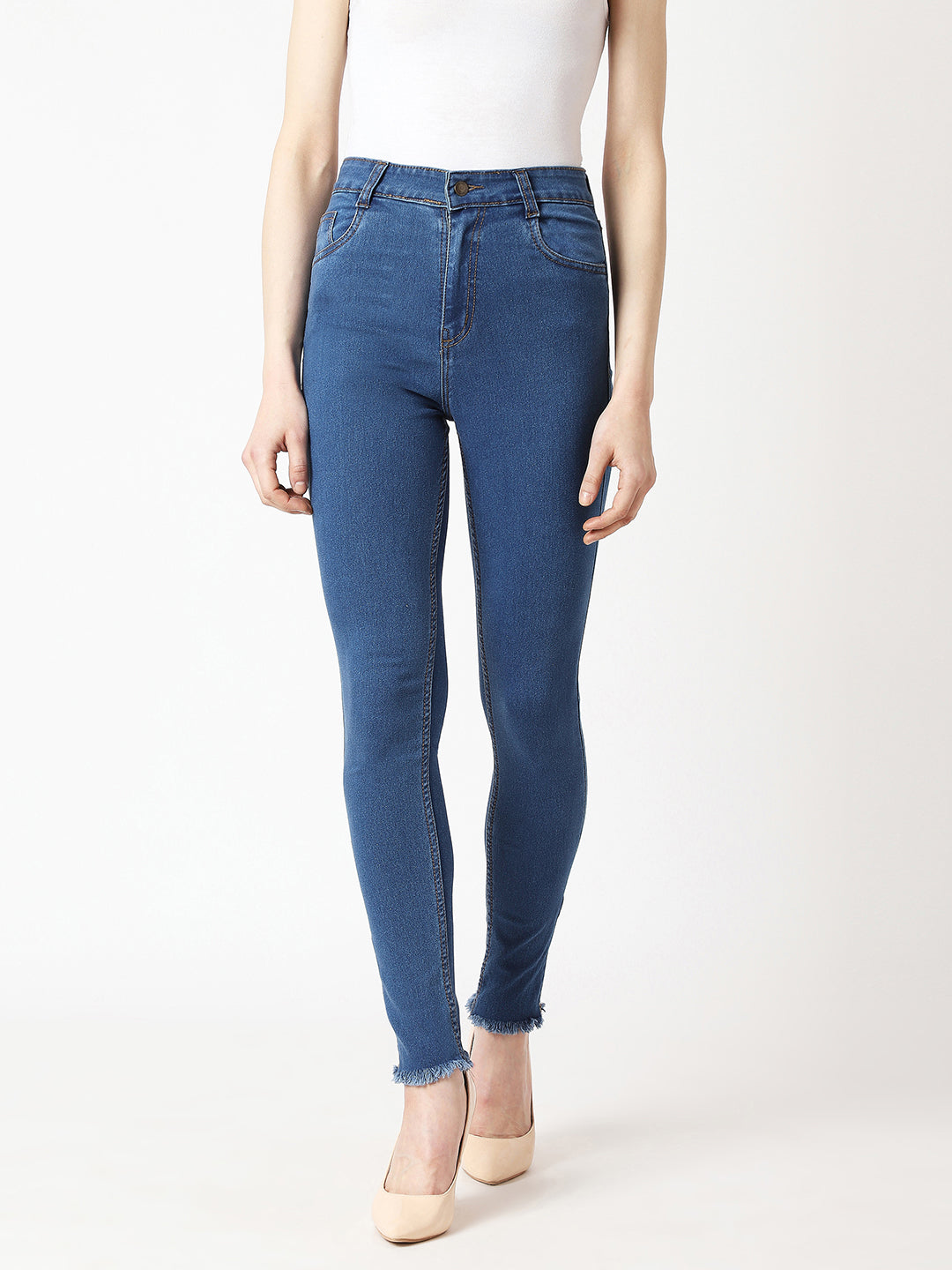 Women's Blue Skinny High-Rise Clean-Look Fringe And Side Zipper Detailing Cropped Denim Jeans