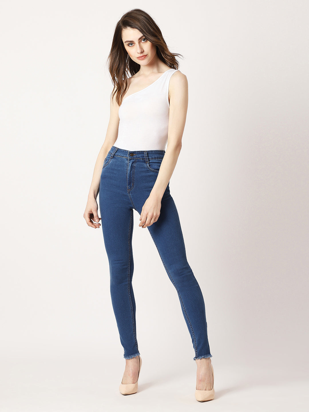Women's Blue Skinny High-Rise Clean-Look Fringe And Side Zipper Detailing Cropped Denim Jeans