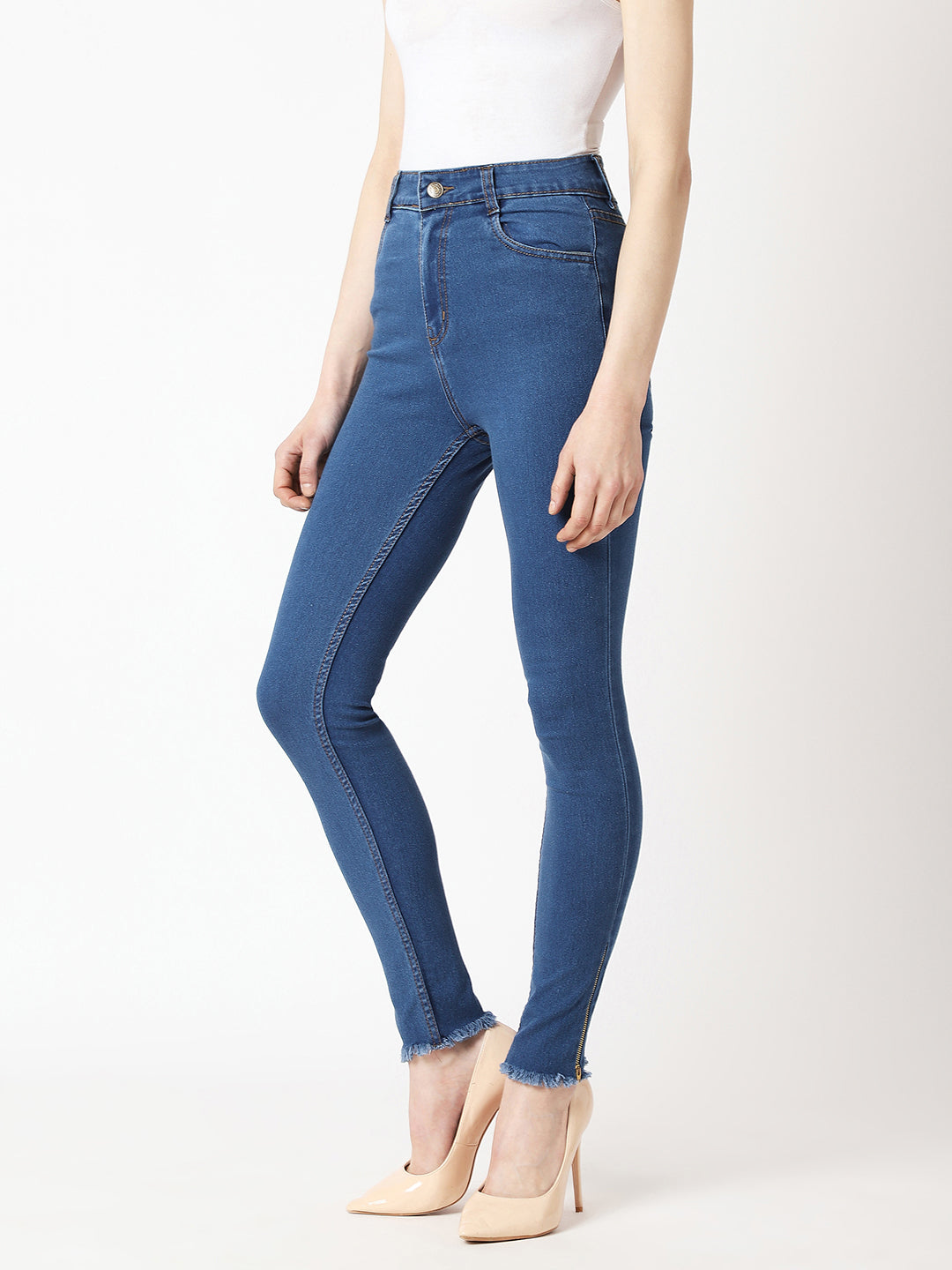 Women's Blue Skinny High-Rise Clean-Look Fringe And Side Zipper Detailing Cropped Denim Jeans