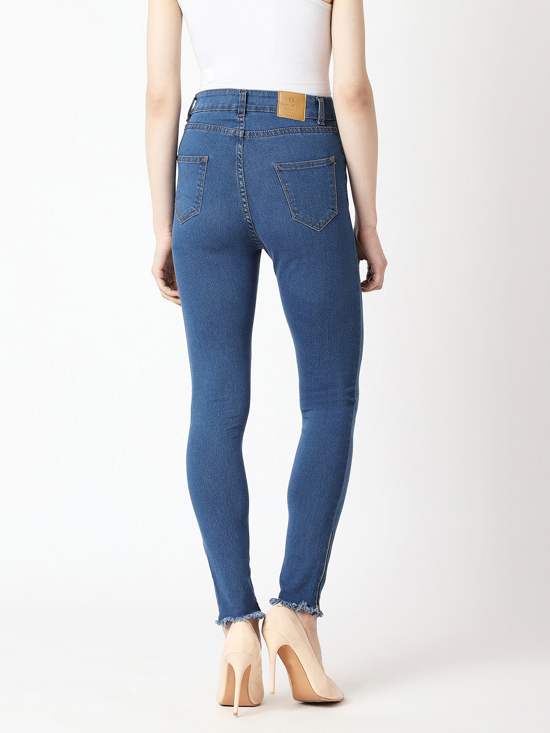 Women's Blue Skinny High-Rise Clean-Look Fringe And Side Zipper Detailing Cropped Denim Jeans