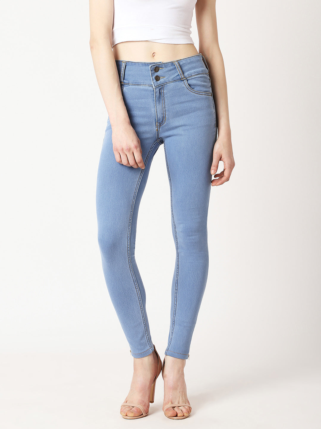 Women's Blue Skinny High-Rise Broad Waist Band Zipper Detailing Denim Jeans