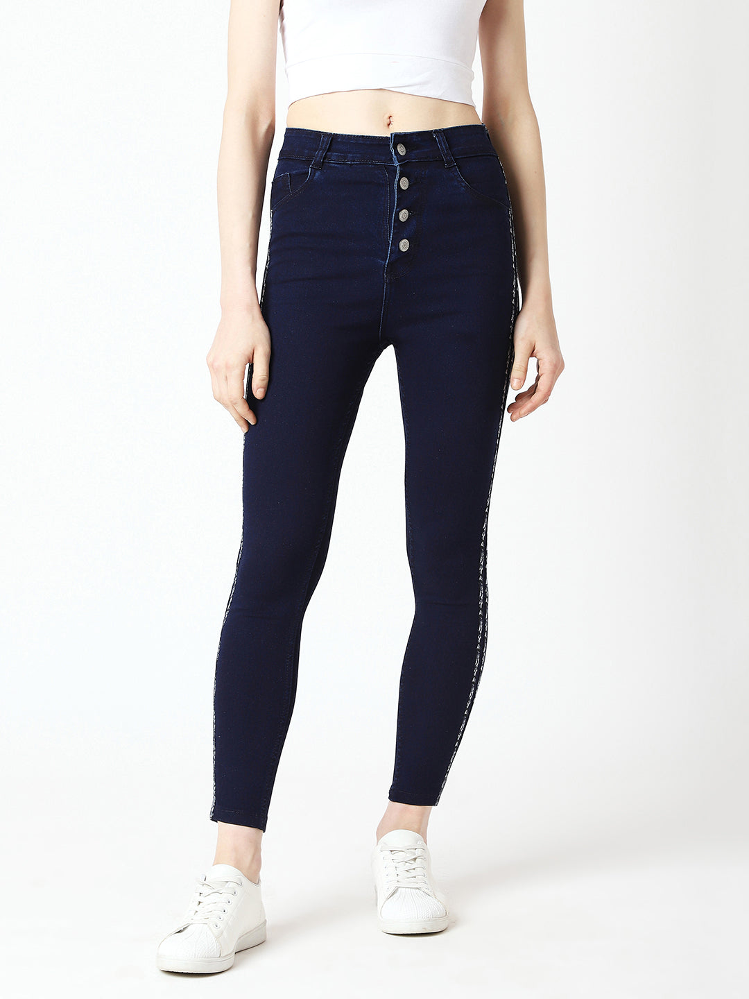 24/7 Comfort Navy-Blue Skinny High-Rise Clean-Look Cropped Denim Jeans