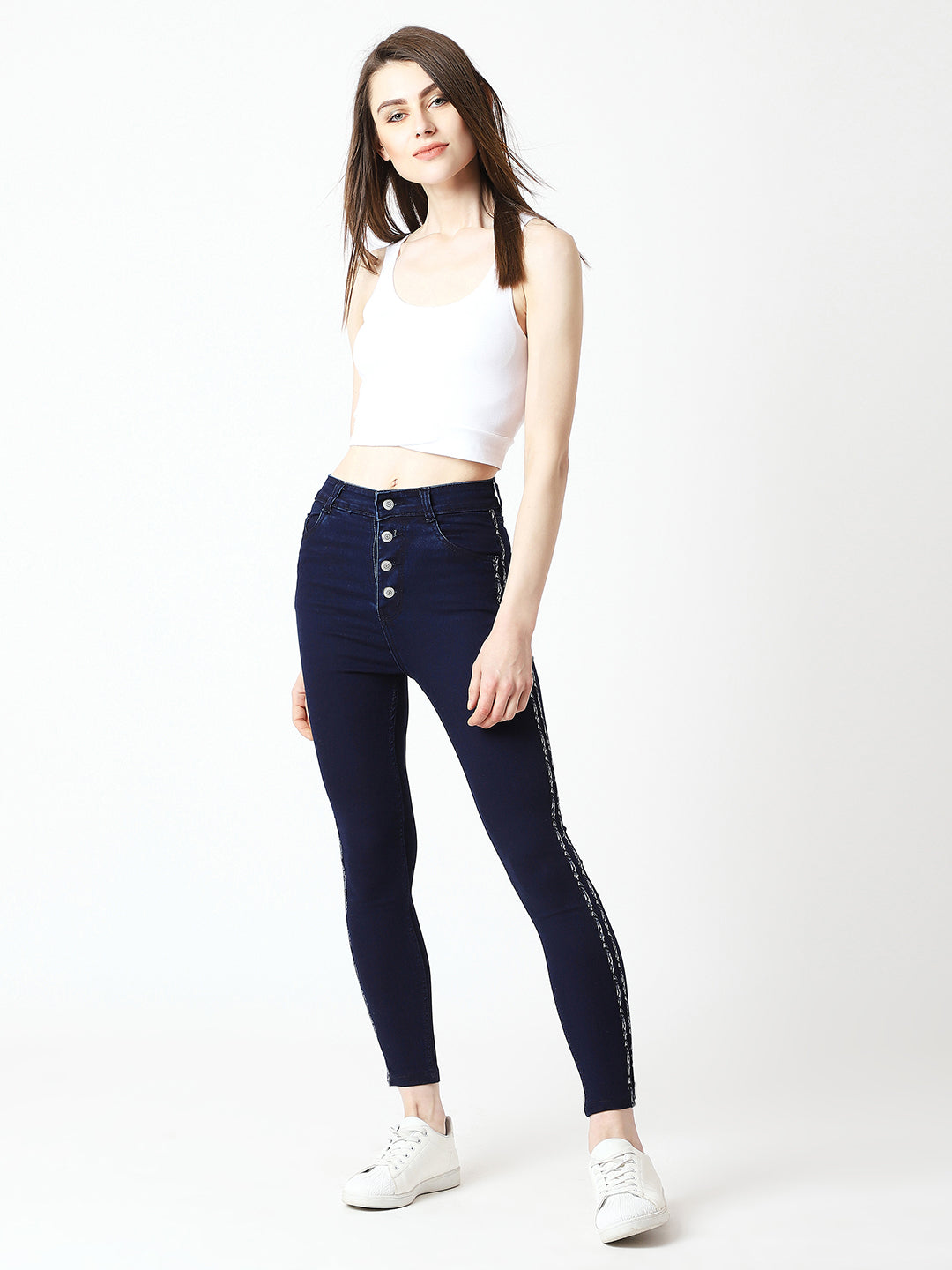 24/7 Comfort Navy-Blue Skinny High-Rise Clean-Look Cropped Denim Jeans