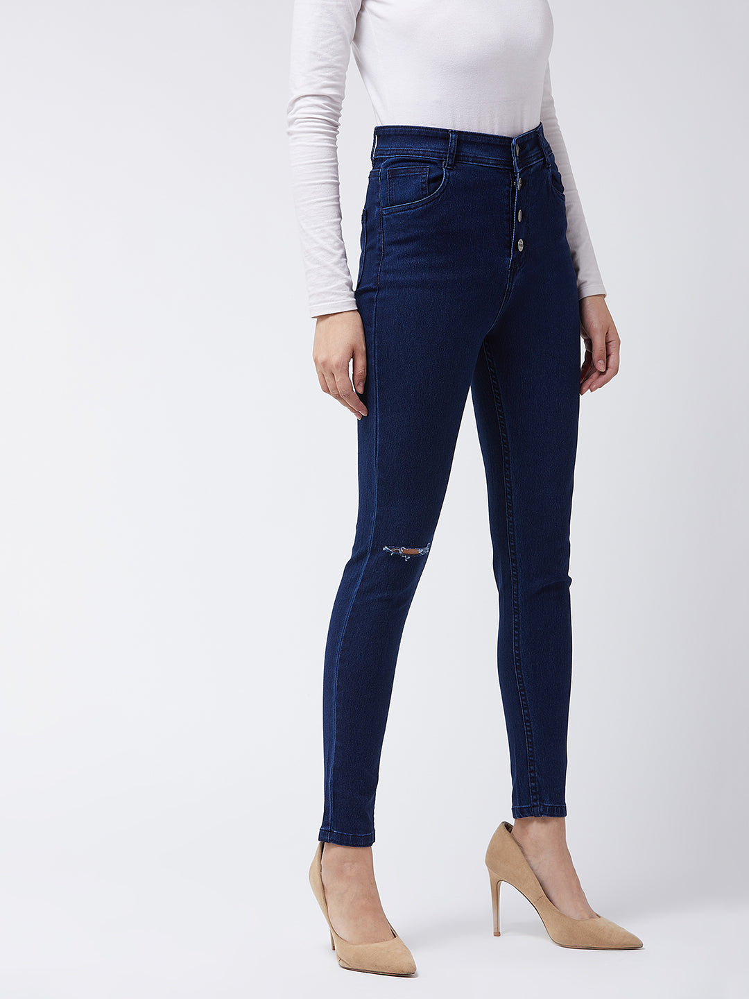 Women's Navy-Blue Skinny High-Rise Knee-Slit Denim Jeans