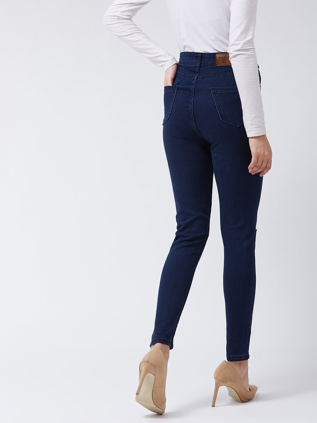 Women's Navy-Blue Skinny High-Rise Knee-Slit Denim Jeans